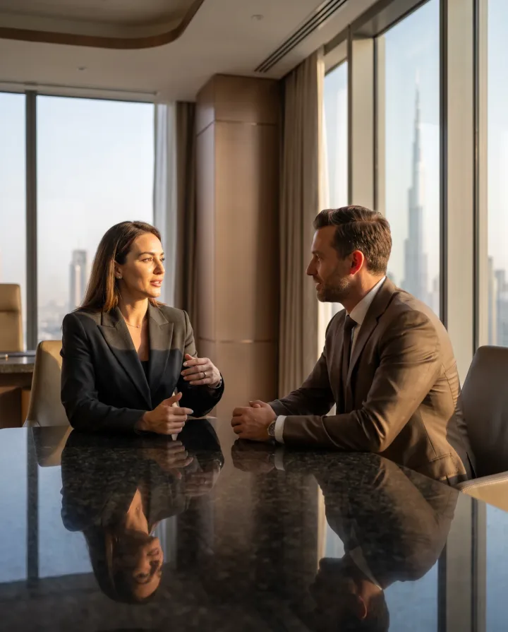 Een zakelijke relatie wordt persoonlijk geïntroduceerd tijdens een gesprek in Dubai